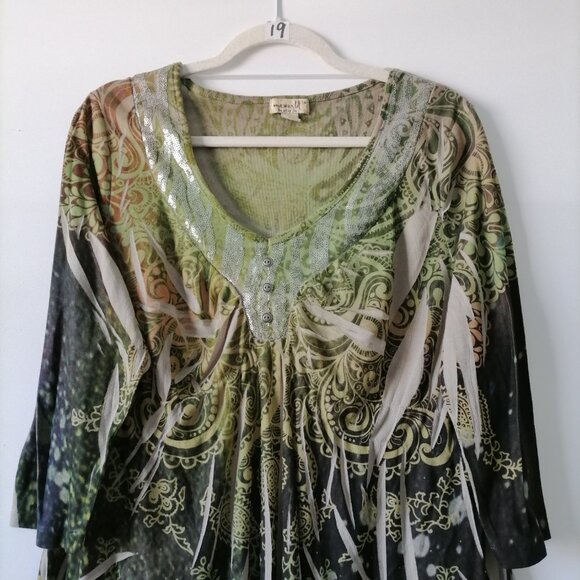 One World Live and Let Live Womens Multicolor Sequins Peasant Blouse Top Size 1X - Picture 2 of 7